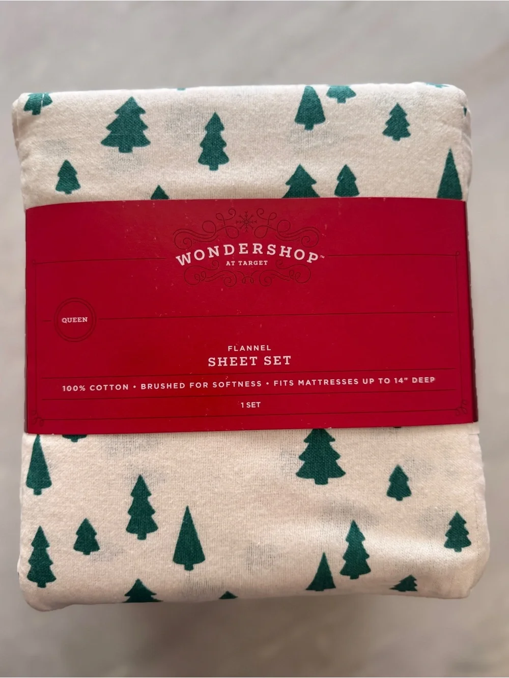 NWT Wondershop QUEEN Bed Sheet Set Flannel White Christmas Tree Print - 4 pc